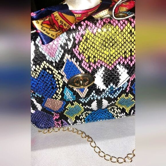 Women's Mini Snakeskin Embossed Handbag, Twilly Scarf Decor Flap - Picture 4 of 12